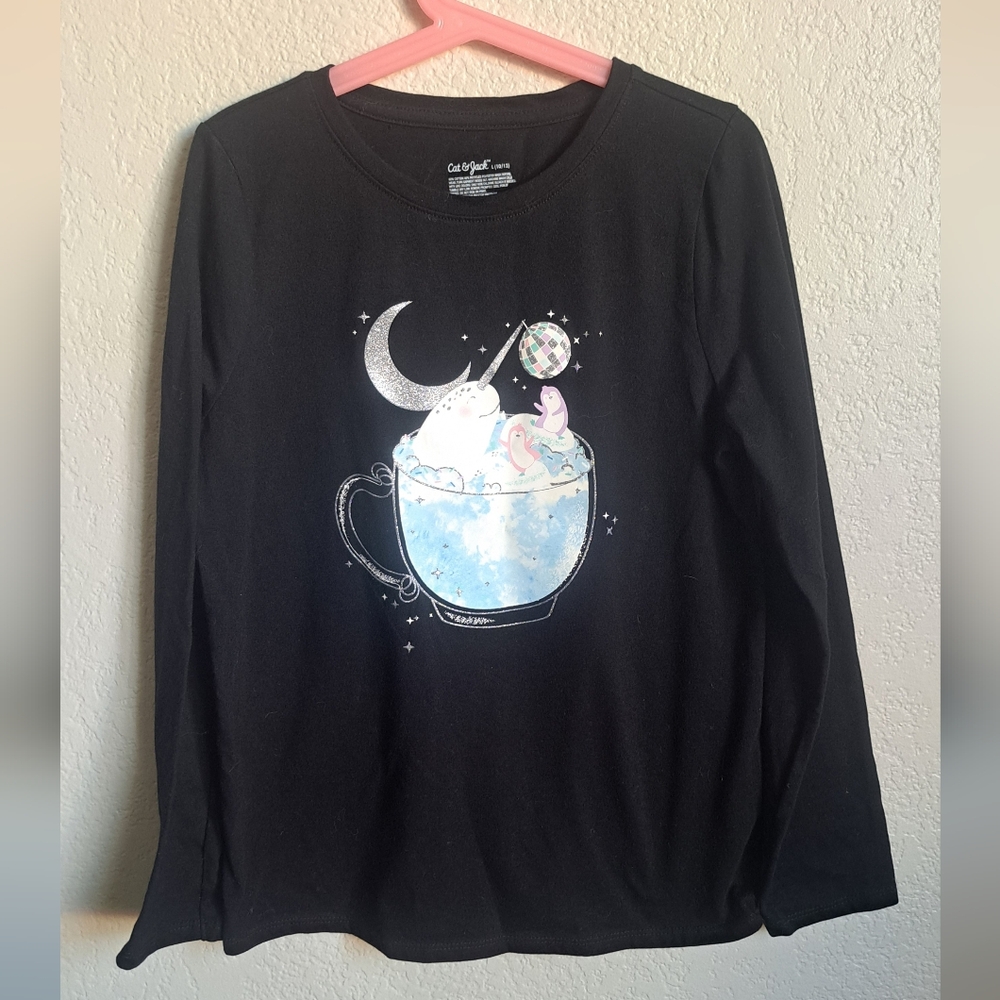 Cat & Jack Girls Narwhal Penguin Black Longsleeve Tee Size 10